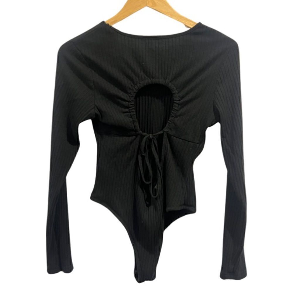 Shein Black Ribbed Open Back bodysuit Size L